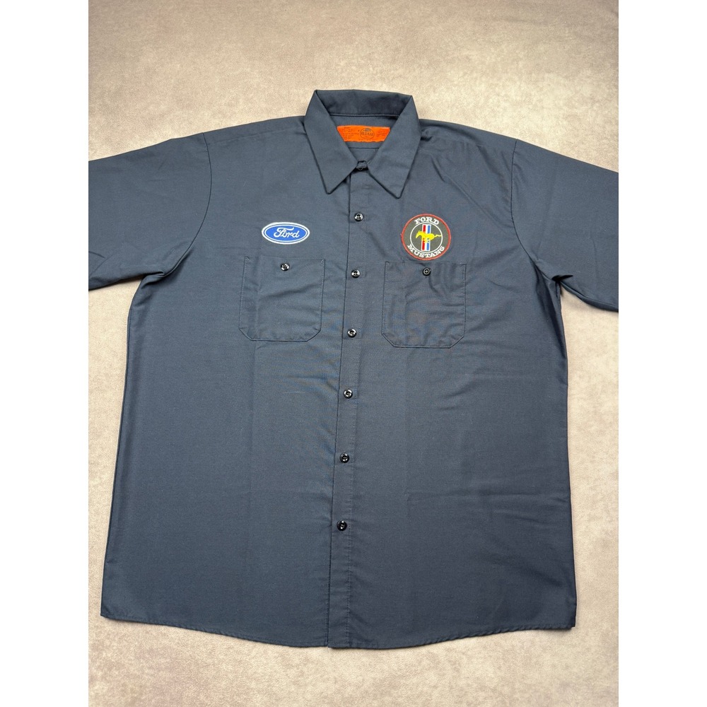 VTG Red Kap Ford Mustang Work Shirt Mens XL Navy Blue Garage Mechanic Patch USA